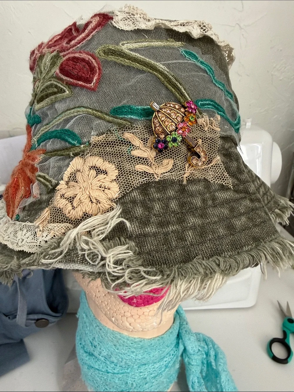 Upcycled Boho Green Wash Bucket Hat One Size